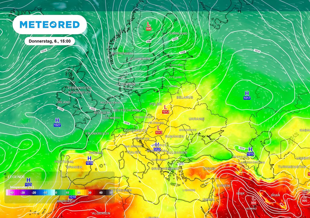 Temperatur, 850 hPa, Skandinavientief Die Temperaturen auf 850 hPa zeigen zunächst eine Abkühlung ab Donnerstag im Norden Deutschlands. Grund dafür ist einerseits das aktuelle Tief über Skandinavien. Es bringt kältere Luft in Deutschlands Norden.