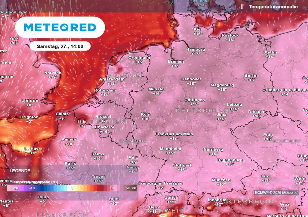hitzewelle, heat, deutschland Die Temperaturanomalien am Samstag (Siebenschläfertag) ist enorm. Bis zu 17 Grad ist es für die Jahreszeit zu warm.