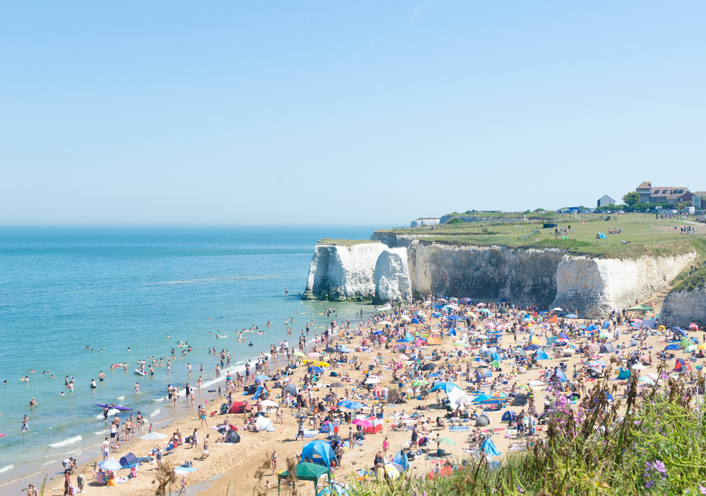Botany Bay, Kent, Rekordhitze, britische Küste Botany Bay, Kent, Rekordhitze, britische Küste