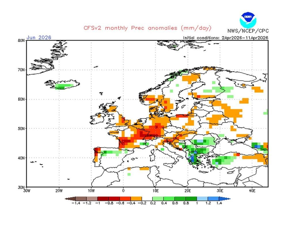Laut dem CFS-Modell der NOAA könnte der Juni 2026 regional deutlich zu trocken ausfallen.