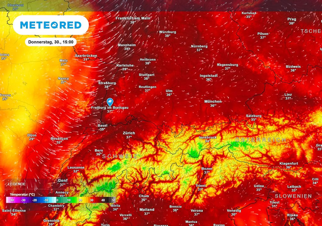 Es wird richtig heiß in Freiburg am Breisgau. Die kommenden Tage stets mit Temperaturen über 30°C. Der heißeste Tag ist am Donnerstag zu erwarten mit bis zu 38 °C