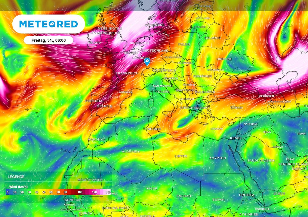 Die Winde in der oberen Atmosphäre (Troposphäre bei 300 hPa) zeigen einen steten Südwest-Strom, der über die warmen Landmassen von Spanien, Portugal und Frankreich bis nach Deutschland zieht. Sie transportieren voraussichtlich weiterhin warme Luft nach Deutschland.