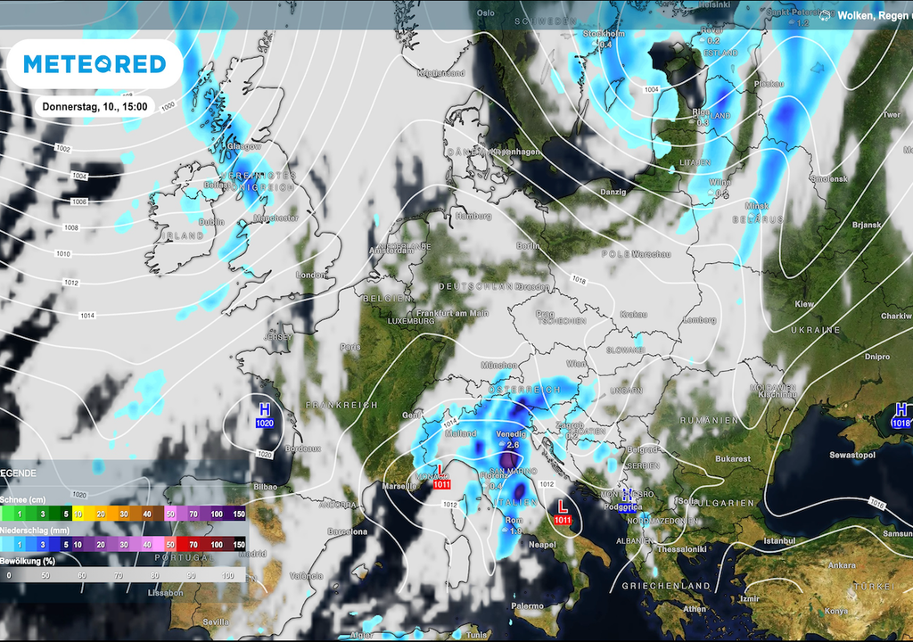 Wie eine Wetterscheide über Europa: Deutschland gerät unter den schützenden Einfluss der Hochdruckbrücke, während sich vom Mittelmeer bis nach Nordosteuropa Wolken und Regen entlang einer mächtigen Tiefdruckrinne aufreihen. Wie eine Wetterscheide über Europa: Deutschland gerät unter den schützenden Einfluss der Hochdruckbrücke, während sich vom Mittelmeer bis nach Nordosteuropa Wolken und Regen entlang einer mächtigen Tiefdruckrinne aufreihen.
