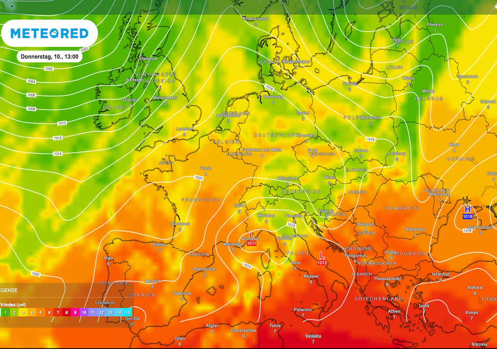 UV-Index, Deutschland, UV-Strahlung, Wolken, Sonne Septembersonne : Von spätsommerlicher Sonne bis zum herbstlichen Grau: Der UV-Index erreicht heute im Süden Europas noch Werte von 6 bis 7. In Deutschland ist die UV-Strahlung mit meist 2 bis 4 deutlich schwächer – und dort, wo dichte Wolken die Sonne abschirmen, nochmals geringer.