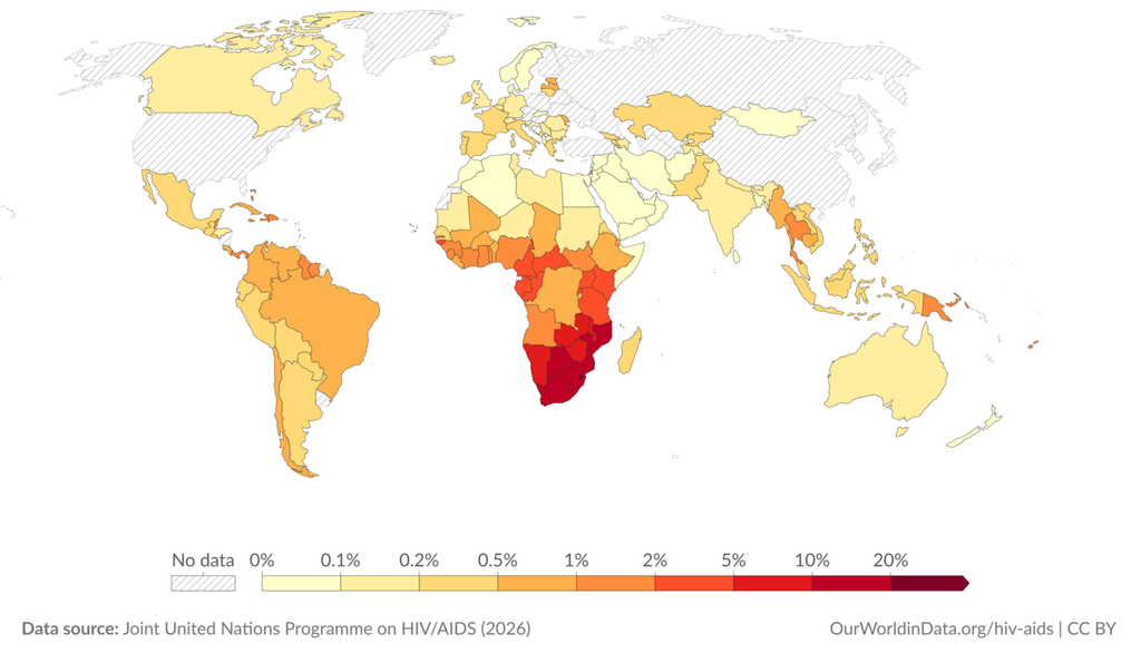 Bevölkerungsanteile der Menschen von 15 bis 49 Jahren, die derzeit mit HIV leben. Bevölkerungsanteile der Menschen von 15 bis 49 Jahren, die derzeit mit HIV leben. Bild: OurWorldinData