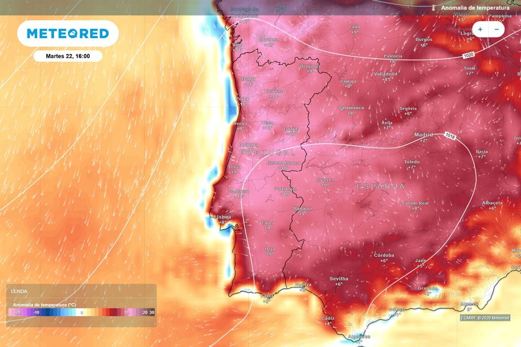 Anomalia da temperatura prevista pelo ECMWF para terça-feira às 16h. Viseu poderá registar cerca de 12 ºC acima da média, com desvios de 10 a 11 ºC em várias regiões do país.