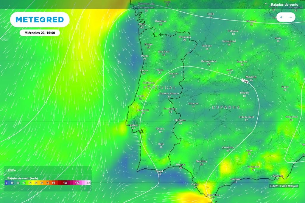 Rajadas previstas pelo ECMWF para quarta-feira às 16h. O vento de norte e noroeste ganhará expressão na faixa ocidental, favorecendo a entrada de ar marítimo mais fresco.