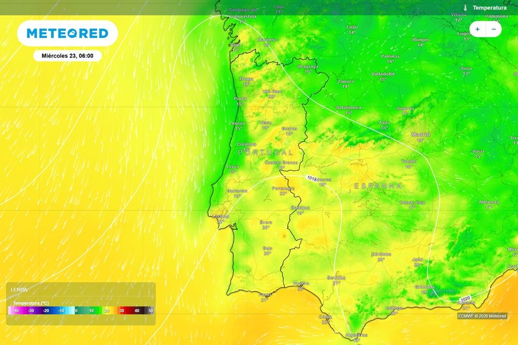 Temperaturas previstas pelo ECMWF para as 06h de quarta-feira. Lisboa poderá rondar os 22 ºC, Portalegre os 23 ºC e várias regiões do Centro e Sul permanecerão próximas dos 20 ºC.