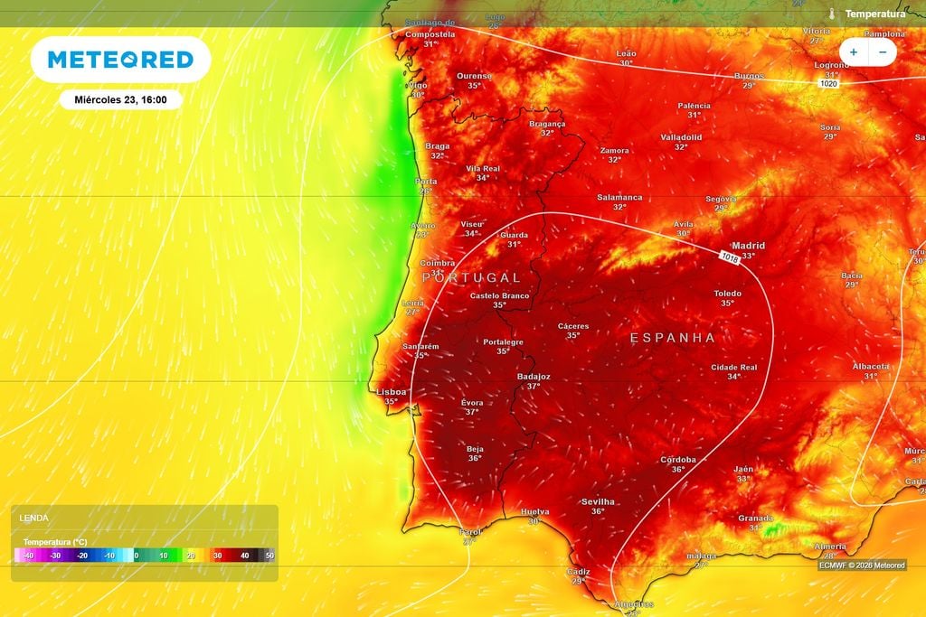 Temperaturas previstas pelo ECMWF para quarta-feira às 16h. Évora poderá atingir 37 ºC, enquanto várias zonas do interior continuarão entre 35 e 36 ºC, contrastando com o litoral mais fresco.