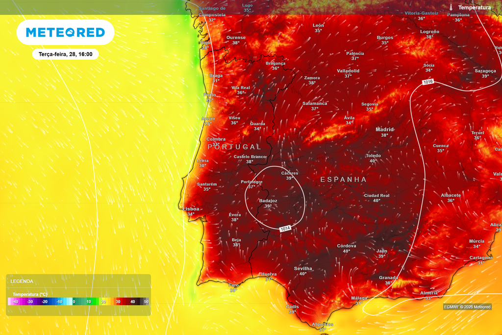 O calor será mais intenso no interior, com temperaturas próximas dos 40 ºC em Castelo Branco e Évora e valores bastante mais baixos junto ao litoral.