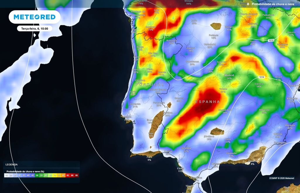 Guarda, Vila Real, Viseu, Leiria, Braga e Coimbra apresentam probabilidades superiores a 60% durante a tarde, segundo o ECMWF.