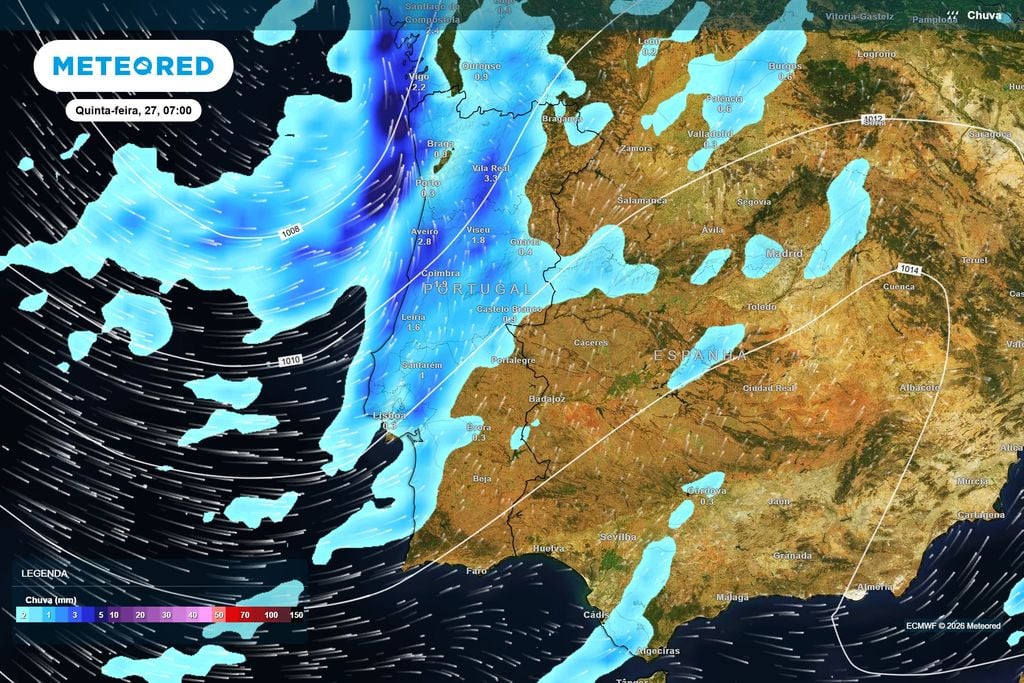 Às 07:00, a frente fria já estará a atravessar grande parte de Portugal continental A precipitação deverá abranger grande parte das regiões Norte e Centro durante as primeiras horas da manhã, estendendo-se até à região de Lisboa.