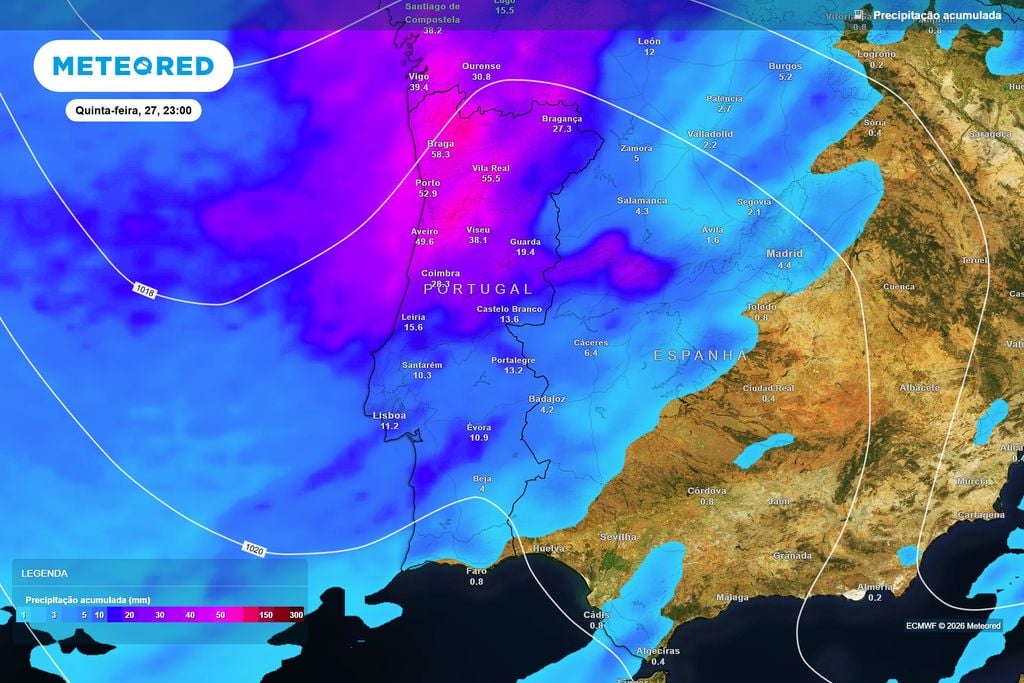 Mais de 50 mm poderão acumular-se em algumas zonas do Norte até ao final do dia O ECMWF prevê os maiores acumulados no Norte e Centro, com cerca de 58 mm em Braga, 56 mm em Vila Real e 53 mm no Porto até ao final de quinta-feira.