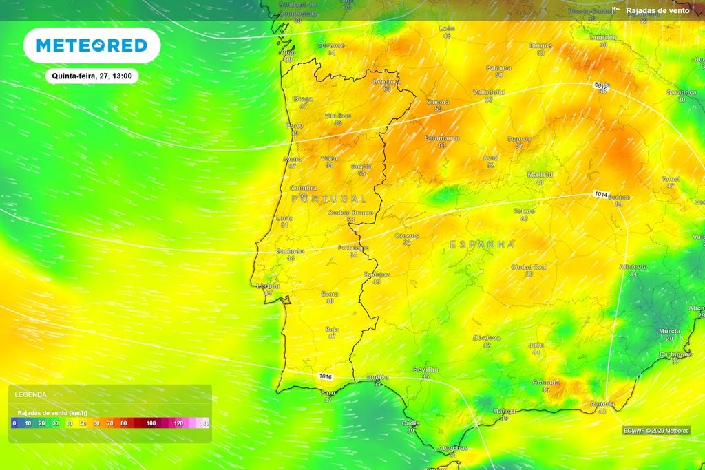 O vento intensifica-se: rajadas poderão atingir 60 km/h durante a tarde Por volta das 13:00, as rajadas poderão atingir 60 km/h em Bragança e superar os 50 km/h em várias regiões do Norte, Centro e interior.