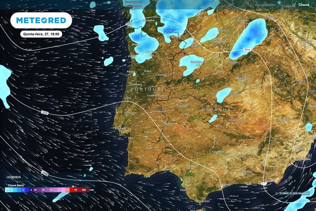 A chuva perde expressão rapidamente ao final da tarde Pelas 19:00, a precipitação deverá estar praticamente afastada de Portugal continental, persistindo apenas alguns aguaceiros dispersos no Norte.