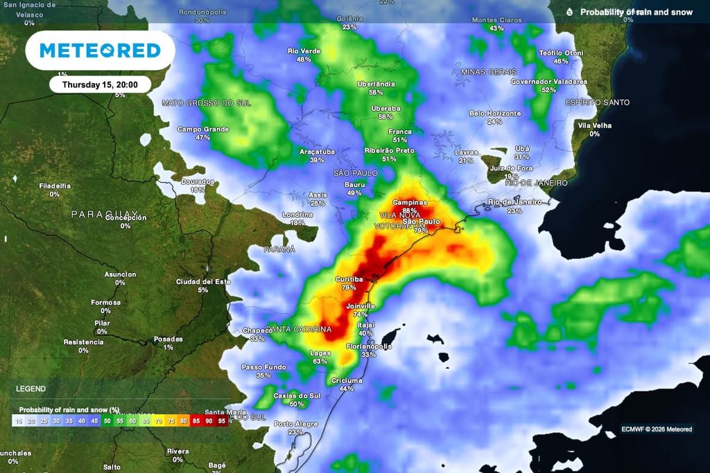 chuva, São Paulo, finados Previsão de probabilidade de chuva para quinta-feira (15), às 20h.