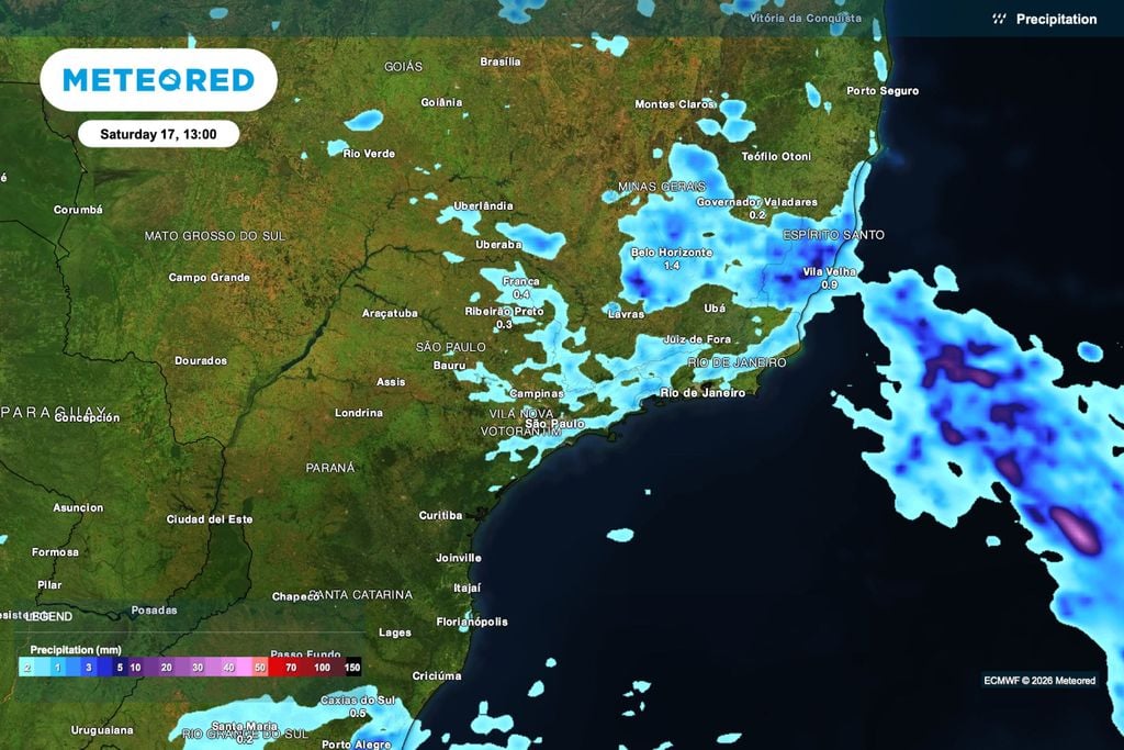 Chuva, São Paulo, finados Previsão de precipitação para sábado (17), às 13h, concentrada entre o leste de São Paulo, Minas Gerais e Espírito Santo.