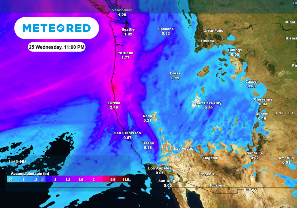 Rainfall forecast through Christmas shows wet weather in the west with up to four inches of rain.