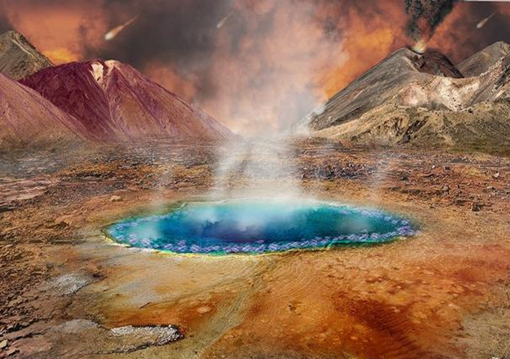 Conceptual illustration of terrestrial hot springs on early Earth. Illustration by Alex Bosoy, Design & Illustration, LLC.