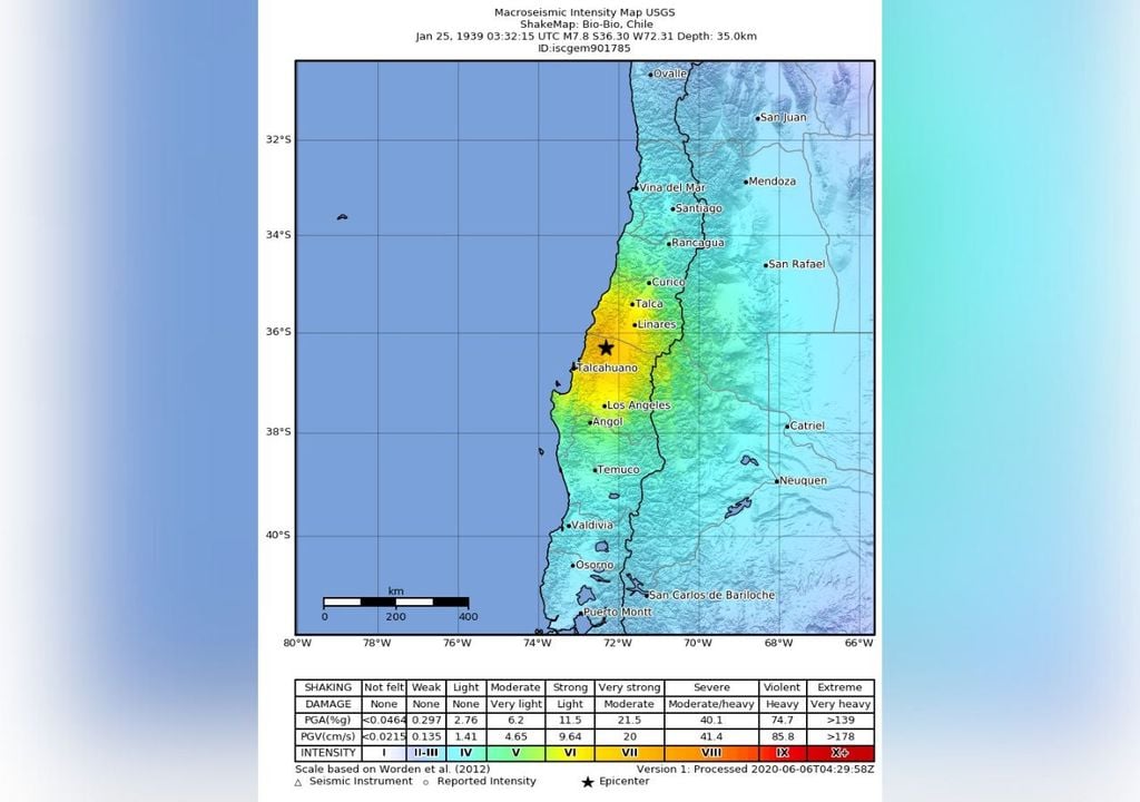 El sismo de Chillán de 1939 fue catalogado como "muy fuerte" por el Servicio Geológico de Estados Unidos (USGS).