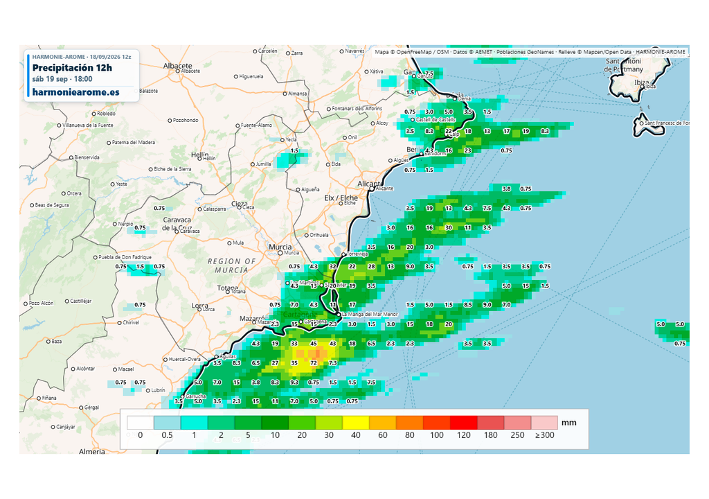 El modelo Harmonie prevé acumulados de 20 a 40 l/m2 para este sábado en zonas de Alicante y de la Región de Murcia. Fuente: Harmoniearome.es