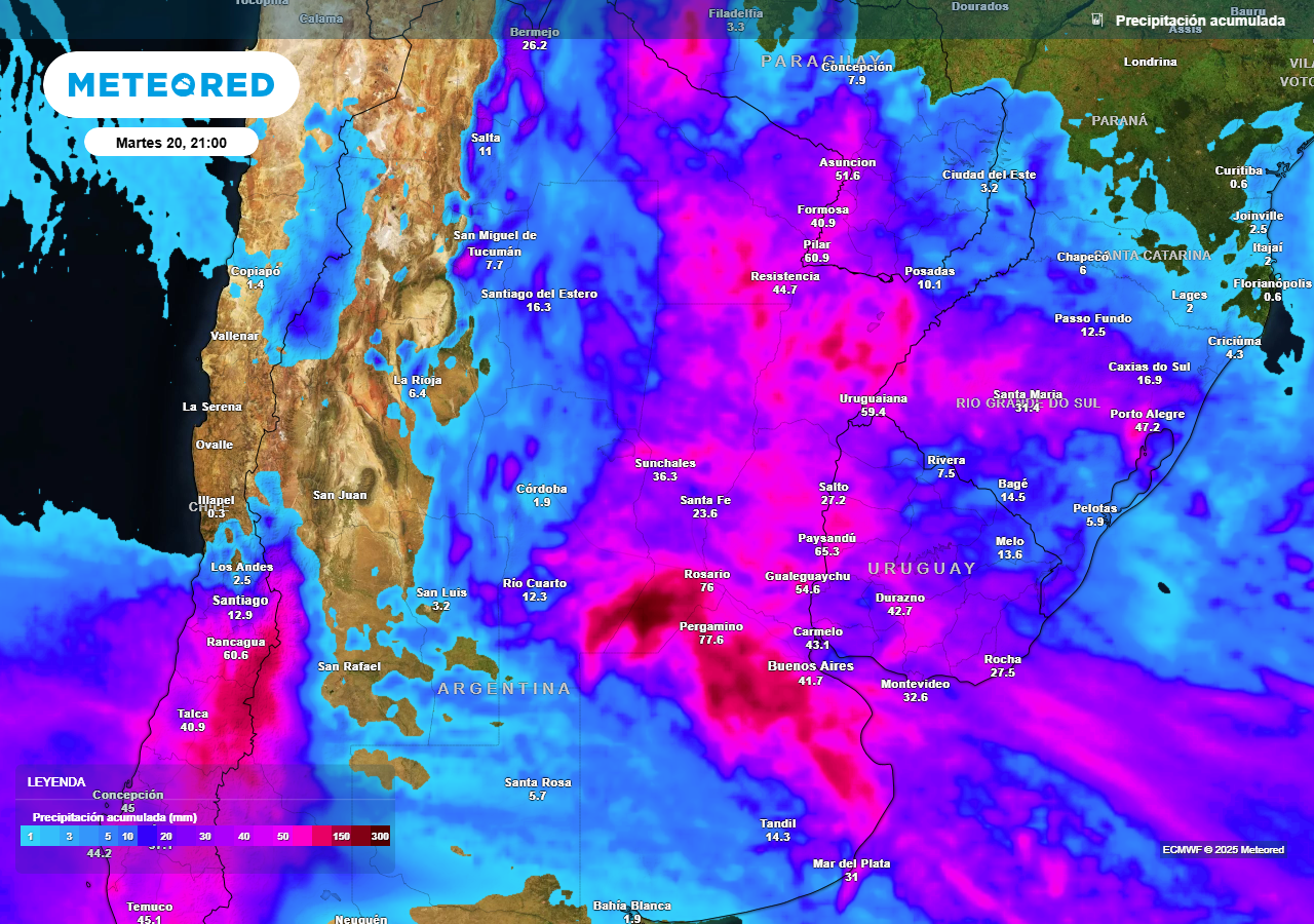 Acumulados de lluvia previstos hasta el próximo martes según nuestro modelo de referencia ECMWF