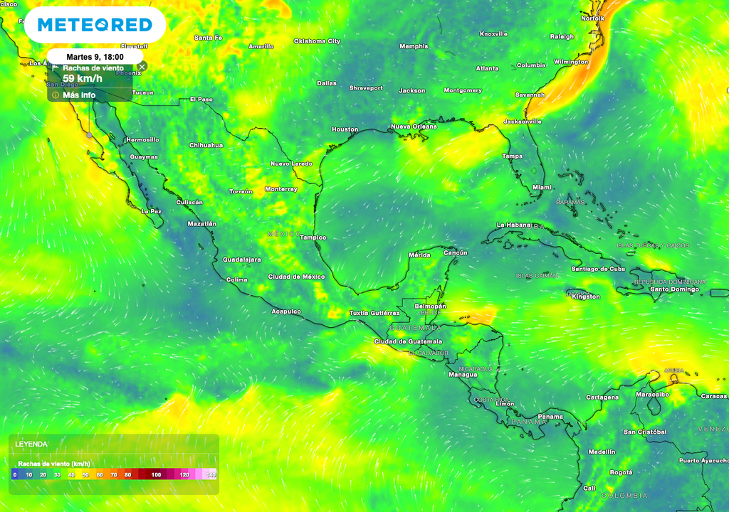 Viento y rachas máximas, martes 9 de septiembre