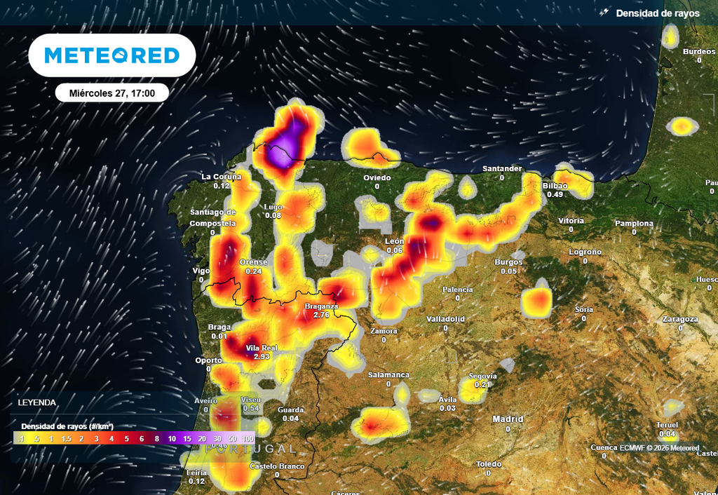 La actividad eléctrica será considerable en las próximas horas en el noroeste peninsular, según el modelo europeo.
