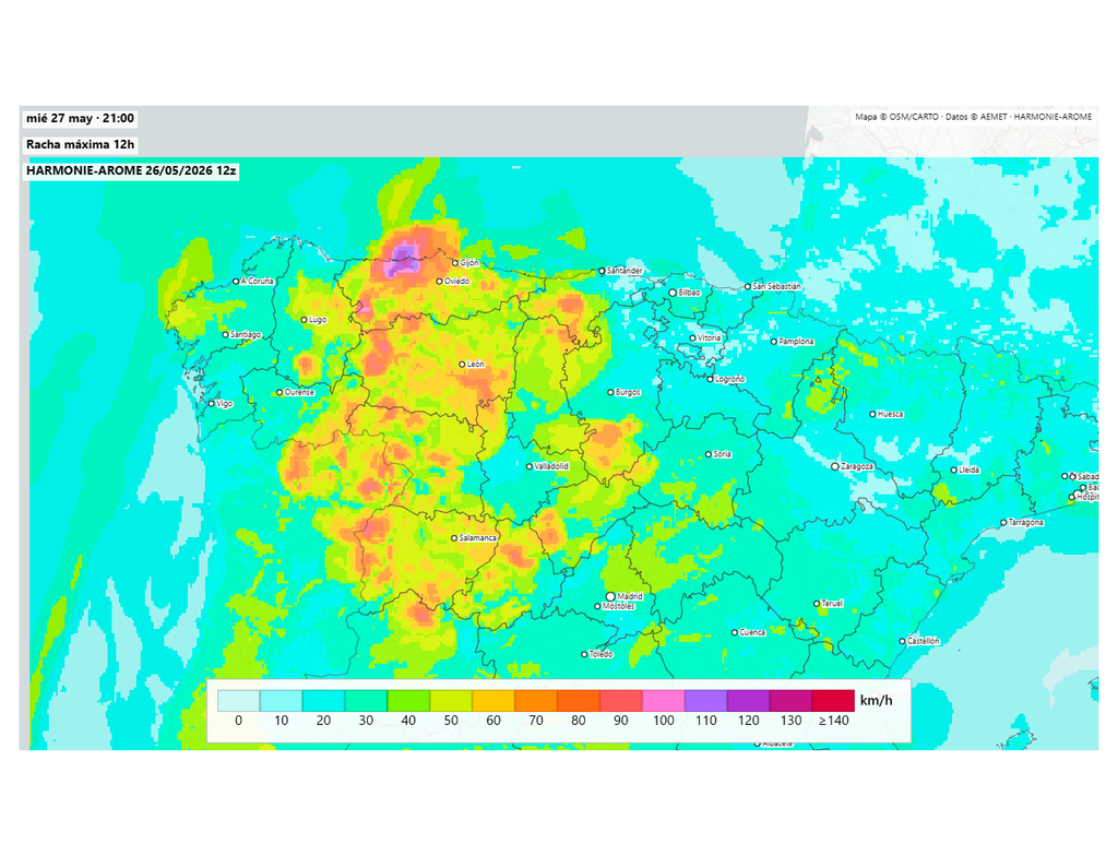 El modelo Harmonie prevé rachas de viento muy intensas y reventones al paso de algunas de estas tormentas. Fuente: harmoniearome.es y AEMET.