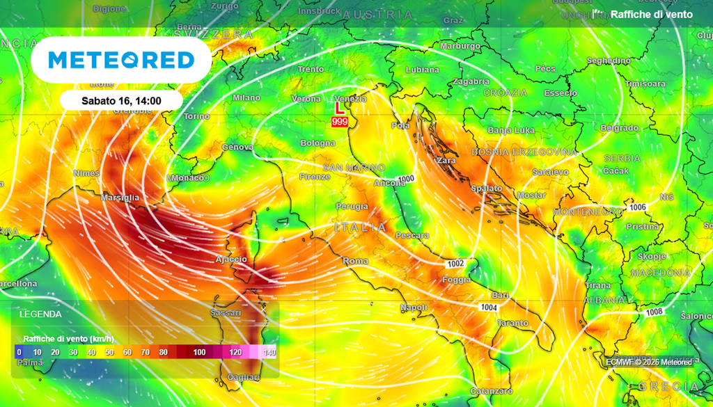 Il calo della pressione previsto tra venerdì e sabato si attesterà sui 15 hPa, una variazione che, pur restando al di sotto della soglia tecnica di una "ciclogenesi esplosiva", darà vita a un vortice in rapido approfondimento con l'attivazione di venti forti e anche fino a burrasca..