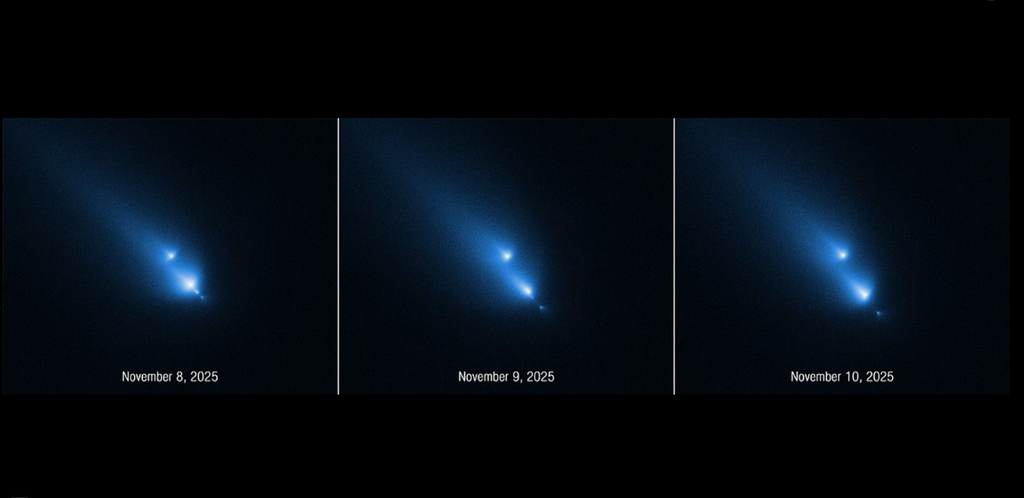 Esta serie de imágenes del cometa C/2025 K1 (ATLAS), captadas por el telescopio espacial Hubble de la NASA, muestra su fragmentación y fue tomada durante tres días consecutivos: 8, 9 y 10 de noviembre de 2025. Esta es la primera vez que el Hubble observa un cometa en una etapa tan temprana de su proceso de desintegración. Imagen: NASA, ESA, Dennis Bodewits (AU); Procesamiento de imágenes: Joseph DePasquale (STScI)
