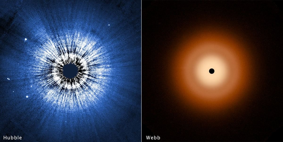 Una vista en falso color del Telescopio Espacial Hubble de un disco de polvo de 160.000 millones de kilómetros de ancho alrededor de la estrella de verano Vega. El Hubble detecta la luz reflejada del polvo que es del tamaño de partículas de humo, en gran parte en un halo en la periferia del disco. El disco es muy liso, sin evidencia de grandes planetas incrustados. La mancha negra en el centro bloquea el brillo brillante de la estrella joven y caliente. El Telescopio Espacial James Webb resuelve el resplandor del polvo caliente en un halo de disco, a 37.000 millones de kilómetros de distancia. El disco exterior (análogo al Cinturón de Kuiper del sistema solar) se extiende desde 11.000 millones de kilómetros hasta 24.000 millones de kilómetros. El disco interior se extiende desde el borde interior del disco exterior hasta las proximidades de la estrella. El punto negro en el centro se debe a la falta de datos de saturación. Créditos: NASA, ESA, CSA, STScI, S. Wolff (Universidad de Arizona), K. Su (Universidad de Arizona), A. Gáspár (Universidad de Arizona)