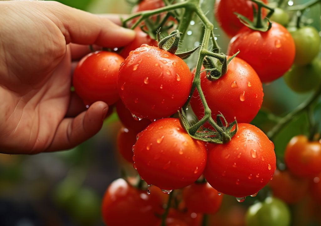 Racimo de tomates en mano de una persona