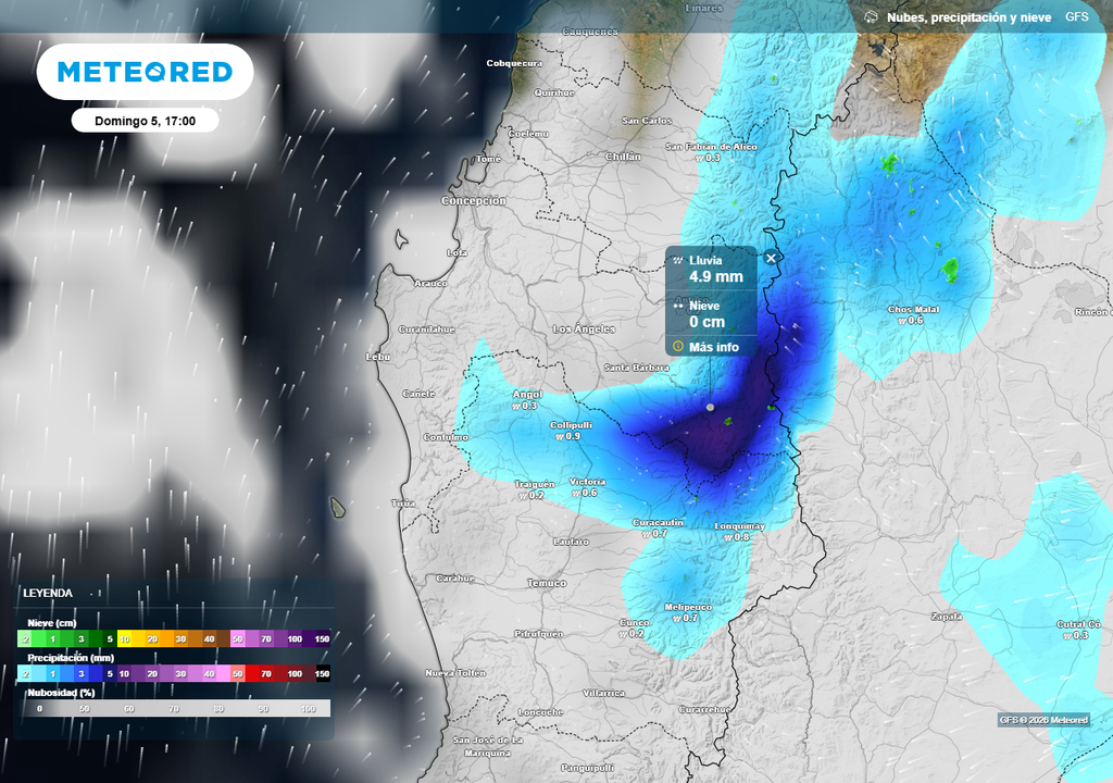 Precipitación (mm) para la tarde del Domingo de Pascua en la Región de Biobío.
