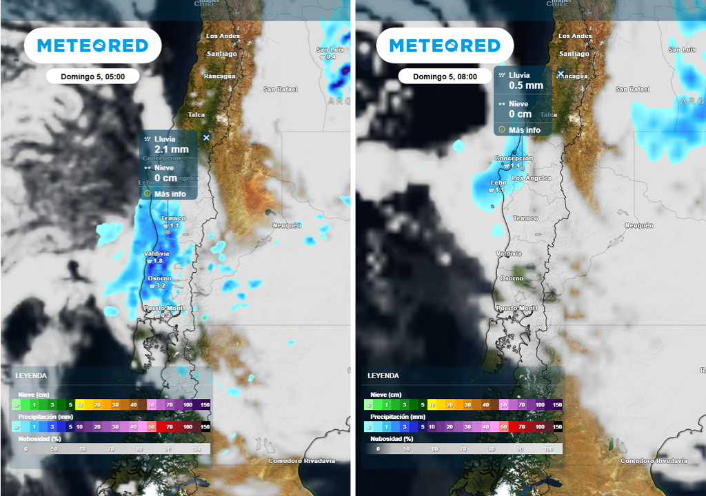 Precipitación (mm) proyectada por el ECMWF -imagen izquierda- y el GFS -imagen derecha, para la madrugada y mañana del Domingo de Pascua, respectivamente, en el centro-sur de Chile.