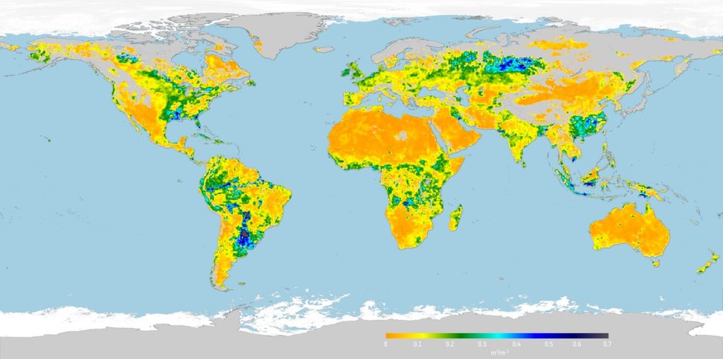 Humedad Del Suelo En La Zona De La Raíz De Las Plantas Índice de humedad normalizado (0-amarillo seco y 0.7-azul húmedo) en la zona de la raíz de las plantas a nivel global para mayo de 2016. Fuente: ESA