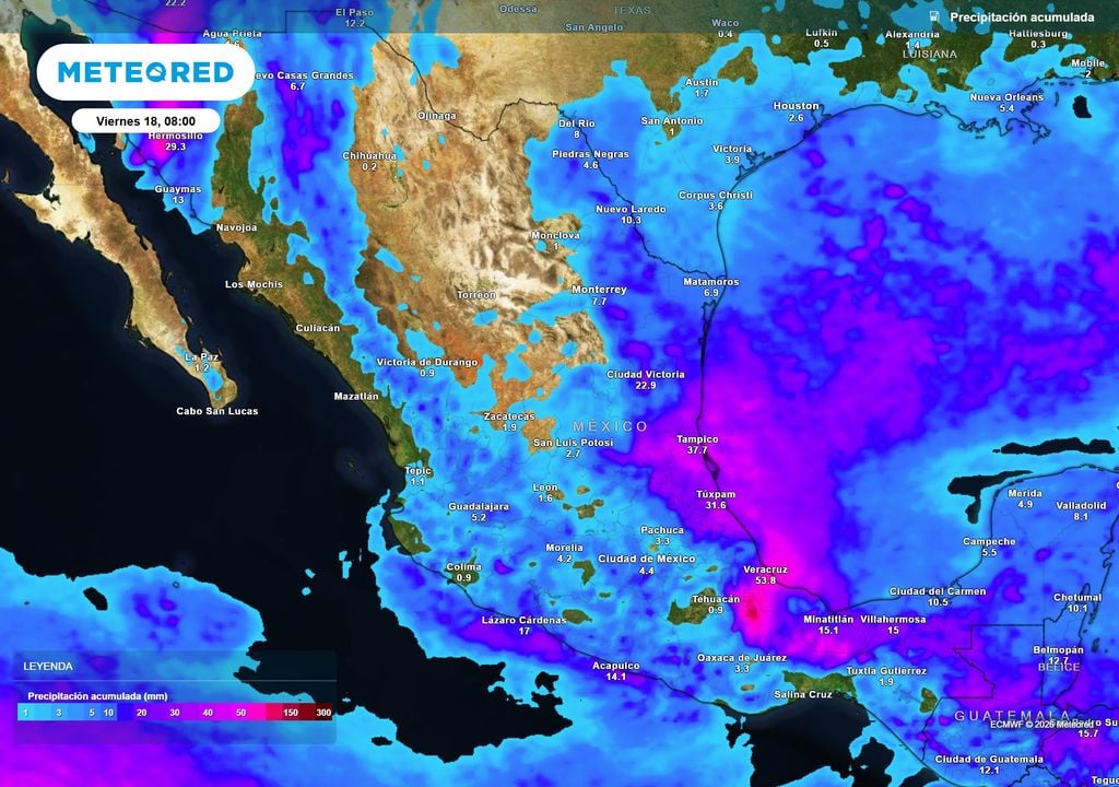 Pronóstico de precipitaciones acumuladas en milímetros Vaguadas activas en el Golfo de México y sureste aportarán humedad con fuertes lluvias, alcanzando estados del centro y Pacífico con 20-50 mm, incluso mayores a 70 mm.