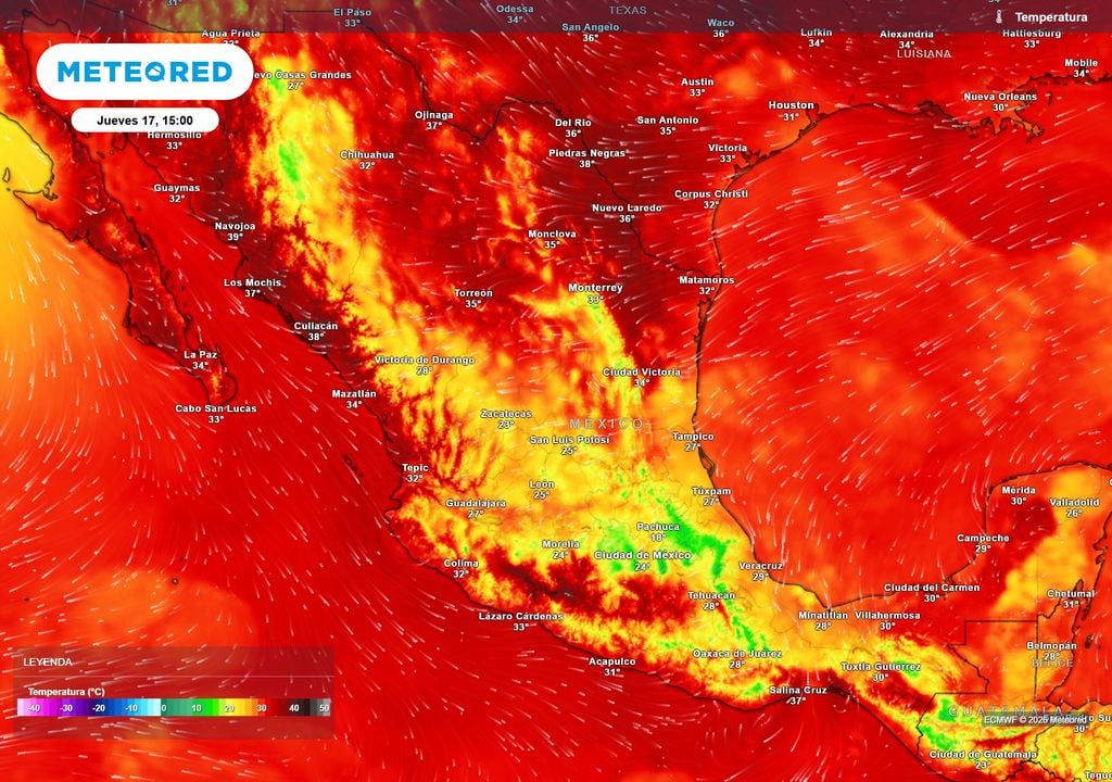 Pronóstico de temperaturas máximas en grados Celsius Las lluvias ayudarán a disminuir intensidad del calor en la mitad centro-oriental, mientras el norte, occidente y Pacífico seguirán superando 35-40 °C.