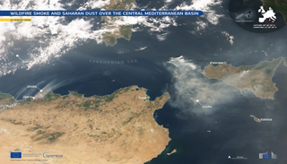 Humo de los incendios forestales mort&iacute;feros en Argelia y polvo del Sahara sobre la cuenca central del Mediterr&aacute;neo