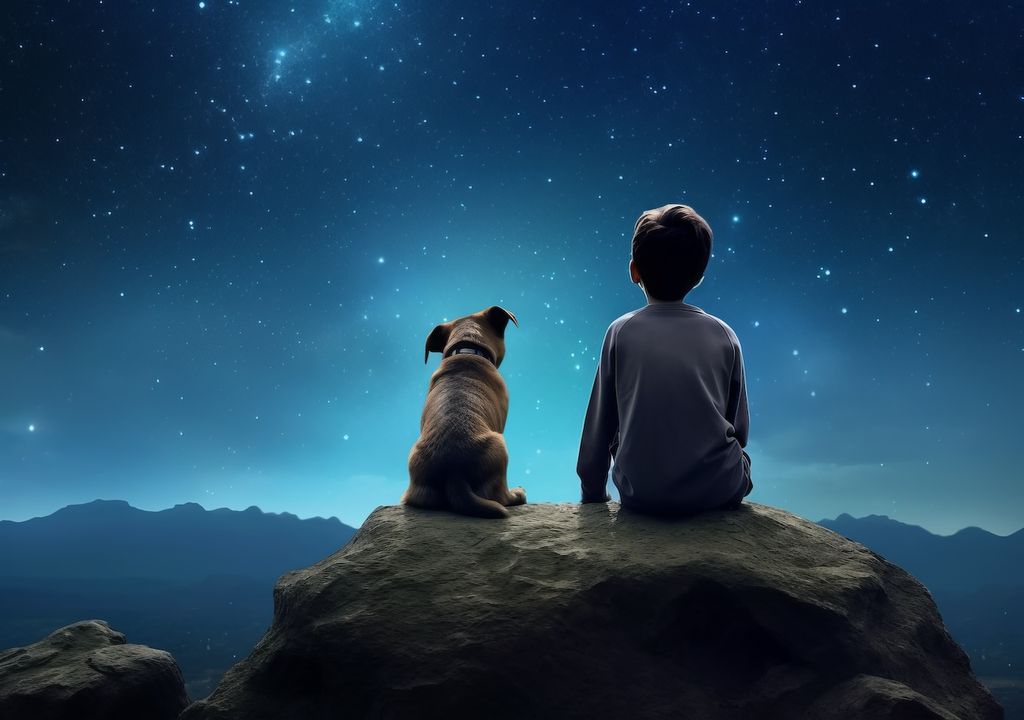 Großer Hund, Sternbild, Junge, Nachthimmel Großer Hund, Sternbild, Junge, Nachthimmel