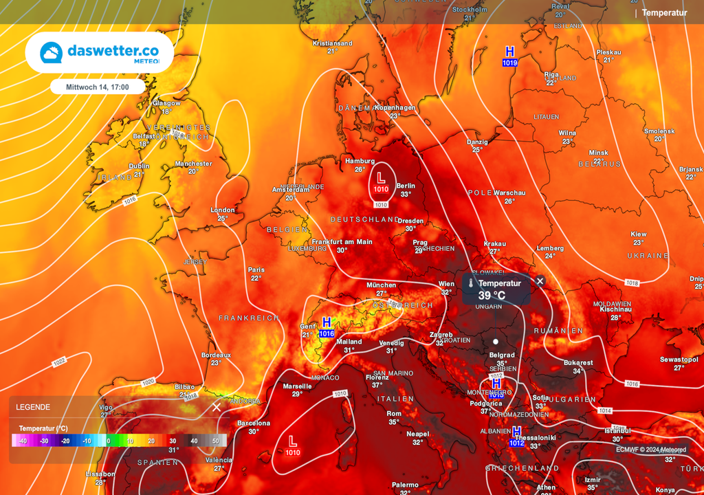 Meteored-Wetterkarte mit der Temperaturverteilung für Mittwochnachmittag 17 Uhr. Temperaturen von 30-35 Grad um Nordosten Deutschlands.
