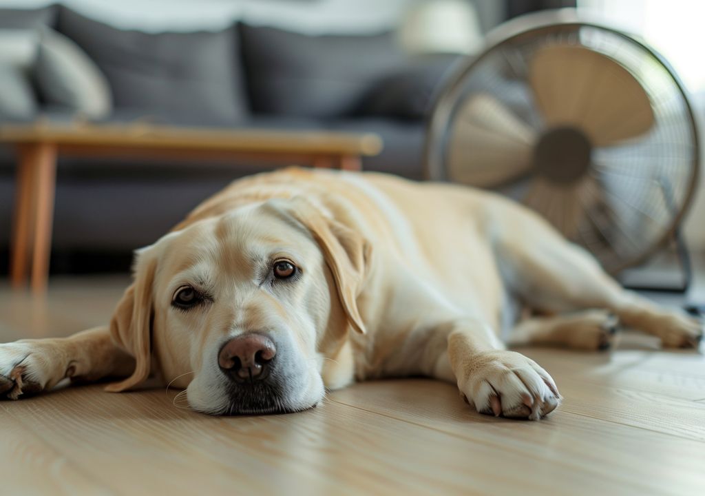 Ein Hund faulenzt bei großer Hitze in der Wohnung vor einem Ventilator.