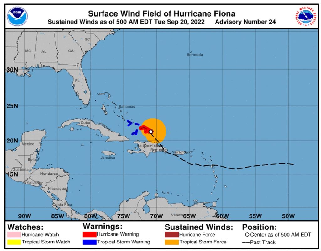 Campo de viento en superficie, huracán Fiona, National Hurricane Center Campo de viento en superficie, huracán Fiona, National Hurricane Center