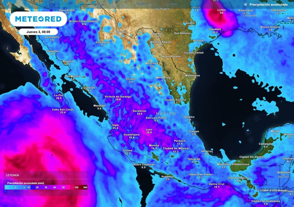 Pronóstico de precipitaciones en milímetros Gran cantidad de humedad e inestabilidad ocasionará lluvias y tormentas en estados de la Sierra Madre Occidental, centro y sur con 20-50 mm y algunas mayores a 70 mm.