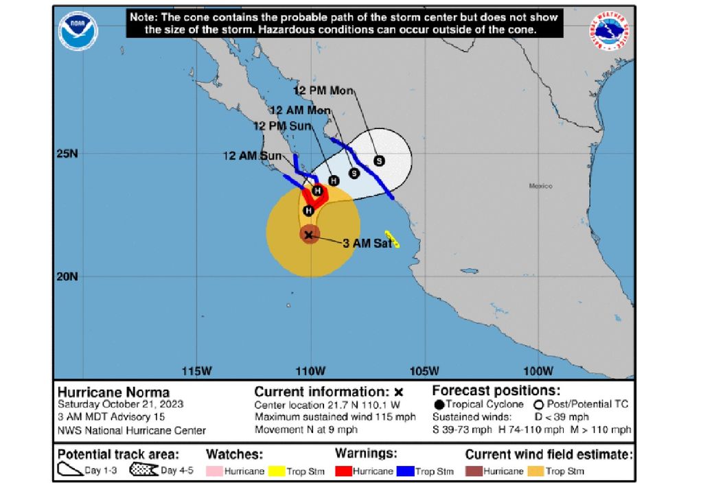 Pronóstico de trayectoria del huracán Norma con las zonas costeras bajo aviso y alerta de huracán/tormenta tropical