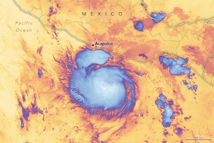 Image du capteur VIIRS du satellite NOAA-20 de la tempête tropicale prise approximativement à 08:30h, heure universelle (2:30h à Acapulco), le 24 octobre 2023. Source : NASA