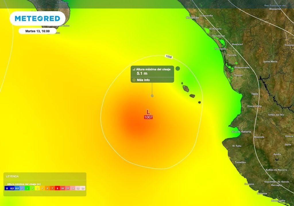 La altura máxima del Oleaje ronda en los 4 a 6 metros para las zonas más cercanas al huracán y en las islas Marias. La altura máxima del Oleaje ronda en los 4 a 6 metros para las zonas más cercanas al huracán y en las islas Marias.