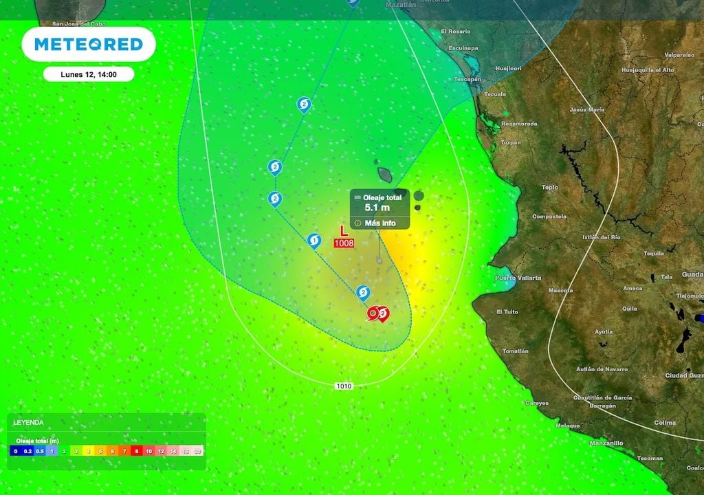 La altura máxima del Oleaje ronda en los 4 a 6 metros para las zonas mas cercanas al huracán y las costas del Occidente-central. La altura máxima del Oleaje ronda en los 4 a 6 metros para las zonas mas cercanas al huracán y las costas del Occidente-central.