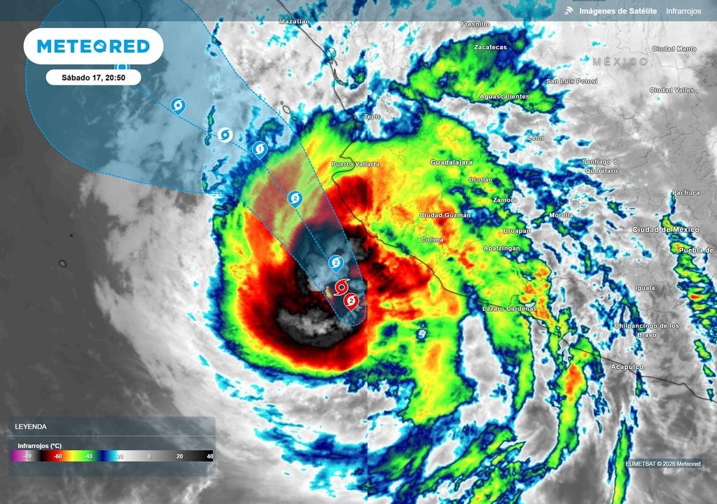 Imagen Infrarroja Satelital 8:50 pm El huracán Trudy estará pasando cerca del occidente del país, teniendo efectos únicamente en el litoral de Colima y Jalisco próximas 12-24 horas.