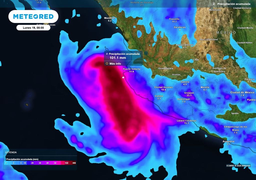 Pronóstico de lluvias acumuladas en milímetros Costas de Colima y Michoacán tendrían acumulados de 70-150 mm sin descartar mayores en próximas 12-24 horas; Michoacán podrían ser de 30-70 mm con locales superiores.